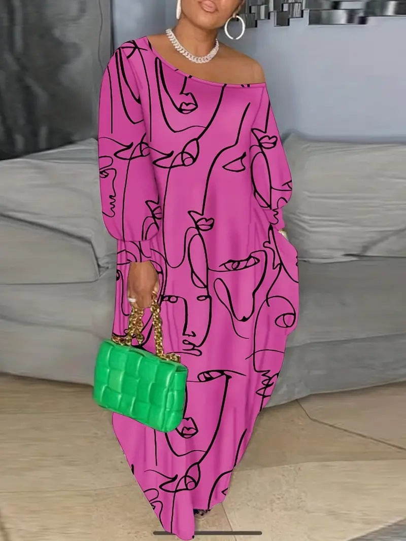 Casual Plus Size Maxi Dresses for Women Round Neck Long Sleeves Loose Sundress with Pockets - Seldom Seen Styles