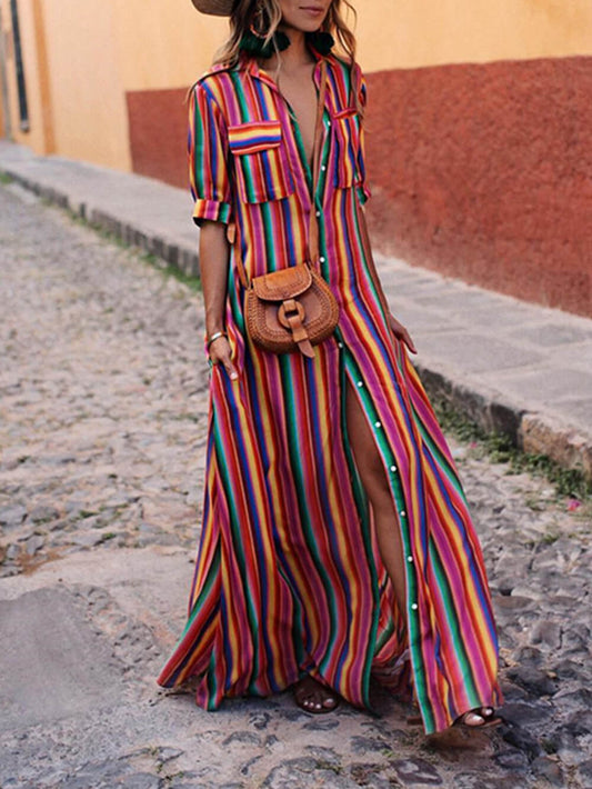 Casual Striped Printed Shirt Maxi Skirt - Seldom Seen Styles