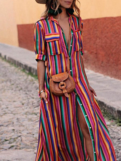 Casual Striped Printed Shirt Maxi Skirt - Seldom Seen Styles