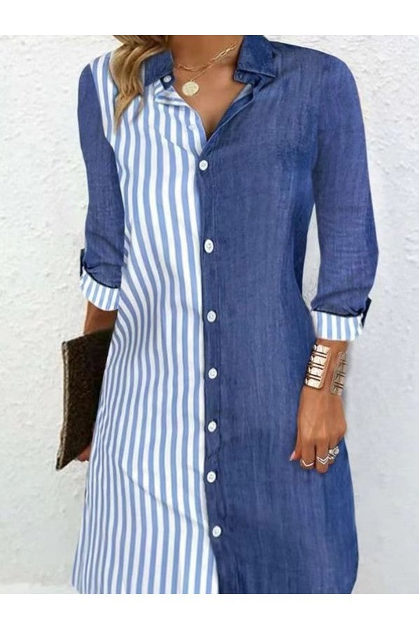 Casual Striped Shirt Collar 3/4 Sleeve Comfy Mini Dress - Seldom Seen Styles