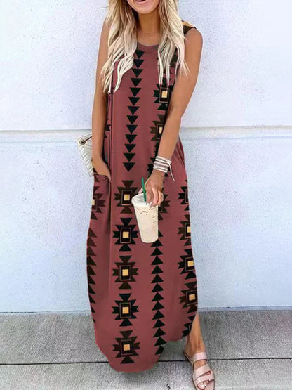 Celina Geometric Hippie Print Pocketed Knit Maxi Dress - Seldom Seen Styles