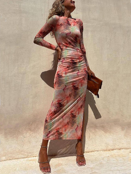 Charm Lady Mesh Overlay Tie Dye Print Long Sleeve Ruched Stretch Midi Dress - Seldom Seen Styles