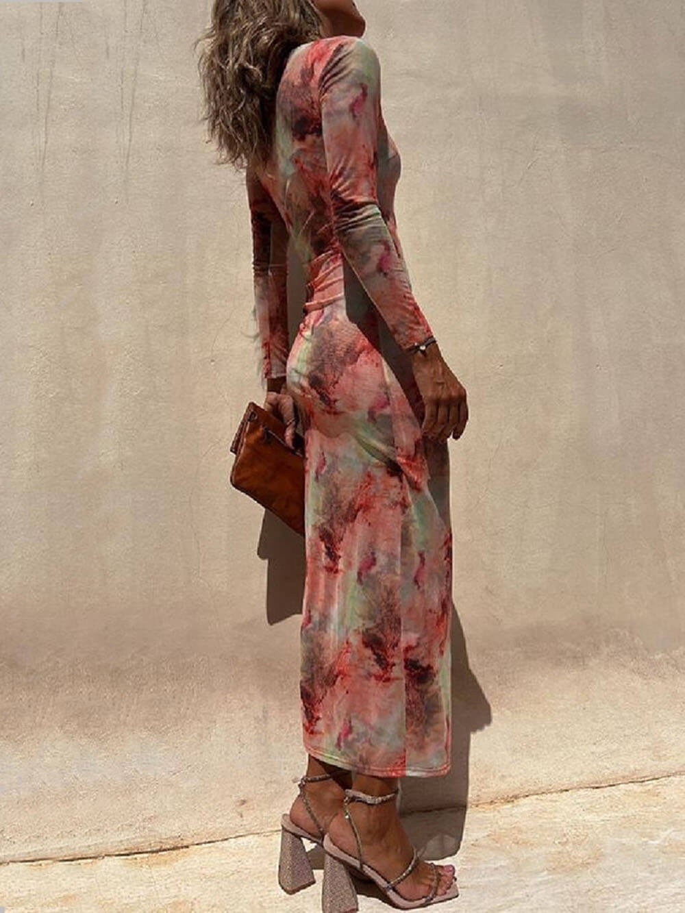 Charm Lady Mesh Overlay Tie Dye Print Long Sleeve Ruched Stretch Midi Dress - Seldom Seen Styles