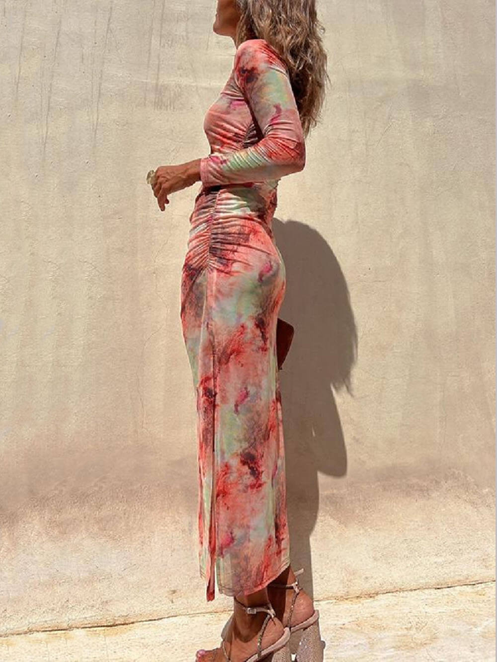 Charm Lady Mesh Overlay Tie Dye Print Long Sleeve Ruched Stretch Midi Dress - Seldom Seen Styles