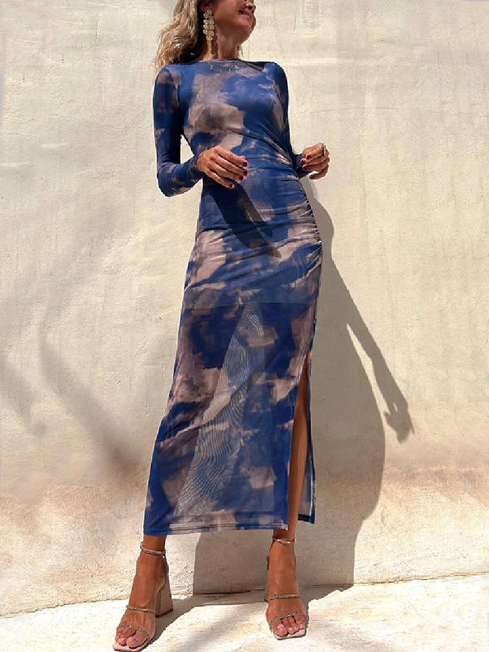 Charm Lady Mesh Overlay Tie Dye Print Long Sleeve Ruched Stretch Midi Dress - Seldom Seen Styles