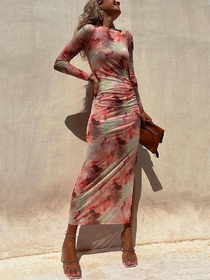 Charm Lady Mesh Overlay Tie Dye Print Long Sleeve Ruched Stretch Midi Dress - Seldom Seen Styles