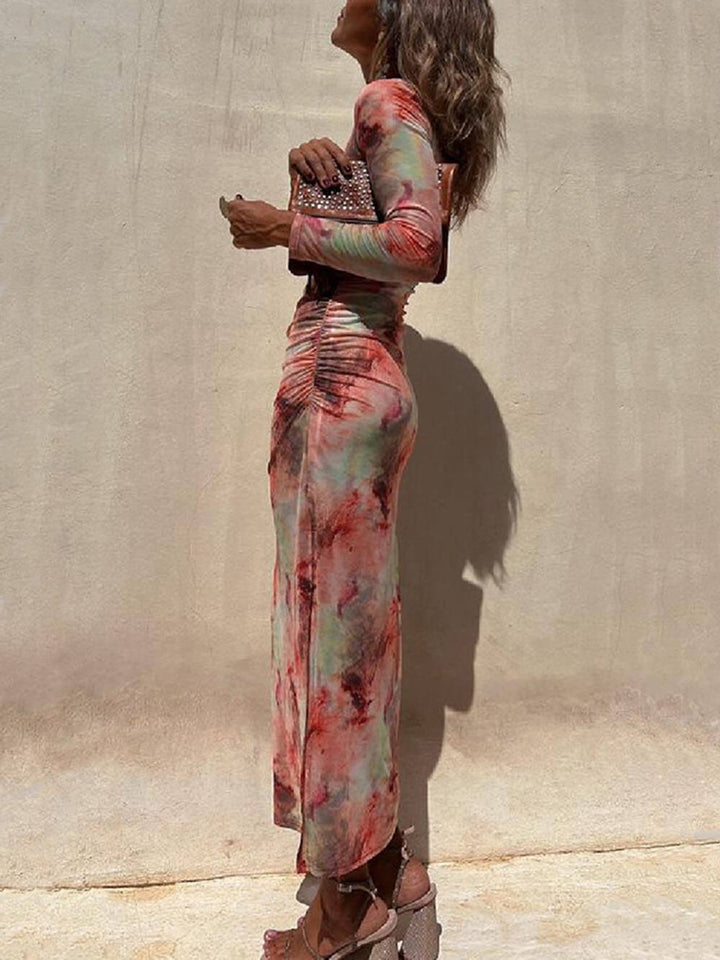 Charm Lady Mesh Overlay Tie Dye Print Long Sleeve Ruched Stretch Midi Dress - Seldom Seen Styles