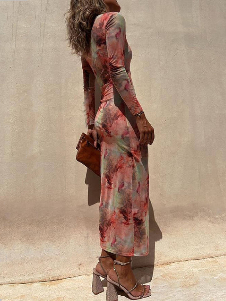 Charm Lady Mesh Overlay Tie Dye Print Long Sleeve Ruched Stretch Midi Dress - Seldom Seen Styles