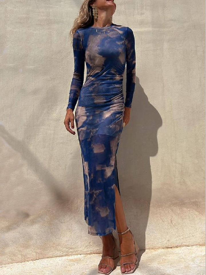 Charm Lady Mesh Overlay Tie Dye Print Long Sleeve Ruched Stretch Midi Dress - Seldom Seen Styles
