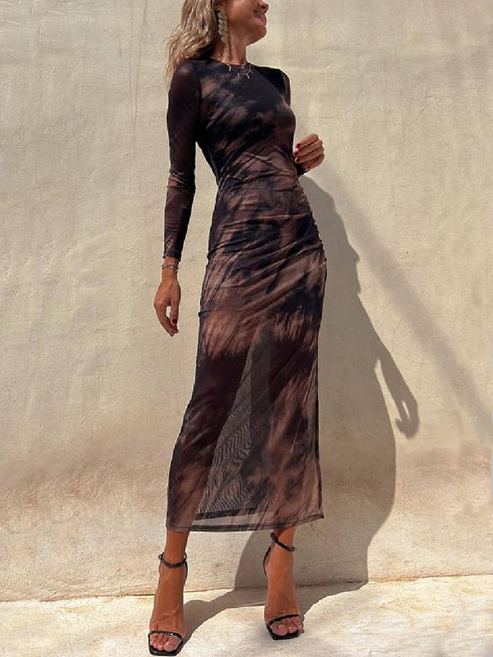 Charm Lady Mesh Overlay Tie Dye Print Long Sleeve Ruched Stretch Midi Dress - Seldom Seen Styles