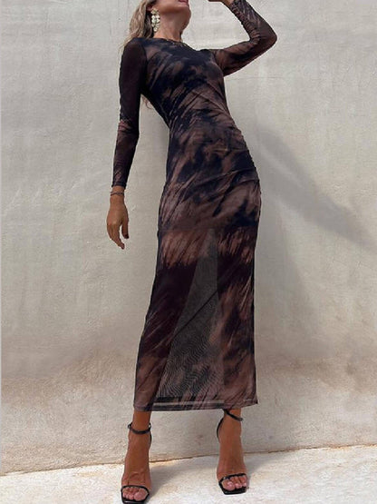 Charm Lady Mesh Overlay Tie Dye Print Long Sleeve Ruched Stretch Midi Dress - Seldom Seen Styles