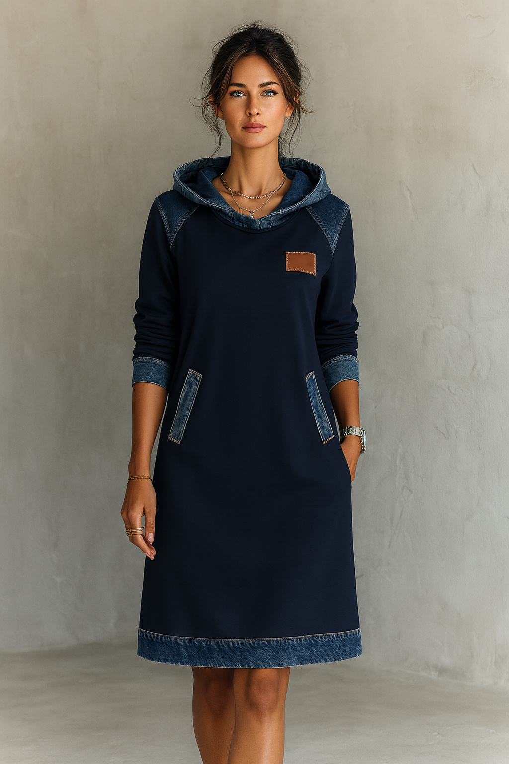 Chloe - Casual Hooded Denim Insert Dress - Seldom Seen Styles
