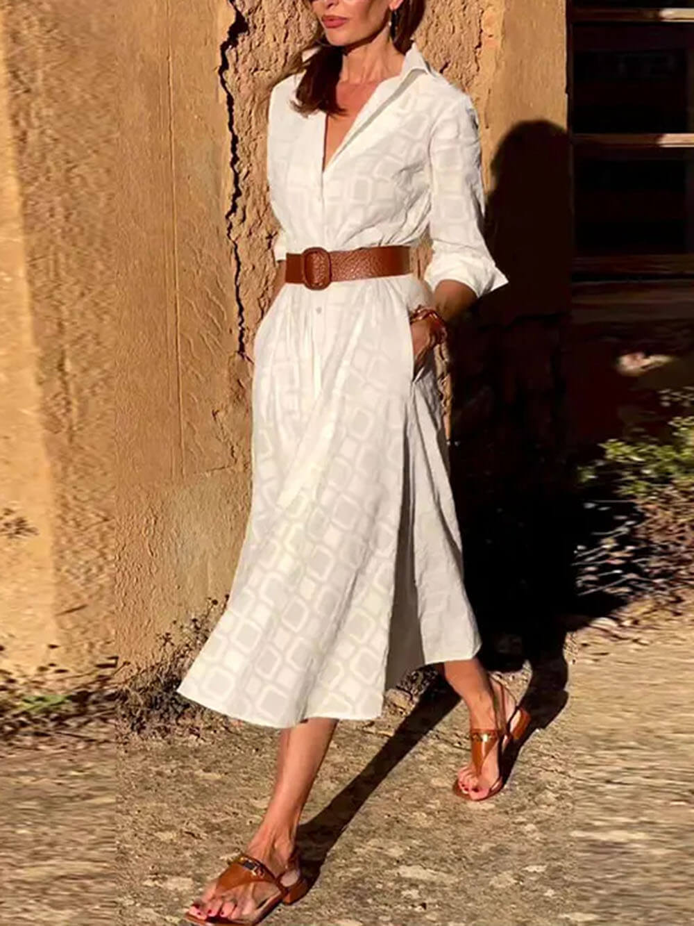 Check Print Belt Button Pocket Long Sleeve Midi Dress - Seldom Seen Styles