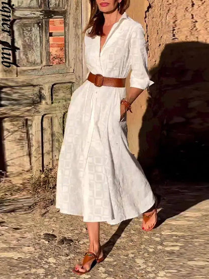 Check Print Belt Button Pocket Long Sleeve Midi Dress - Seldom Seen Styles