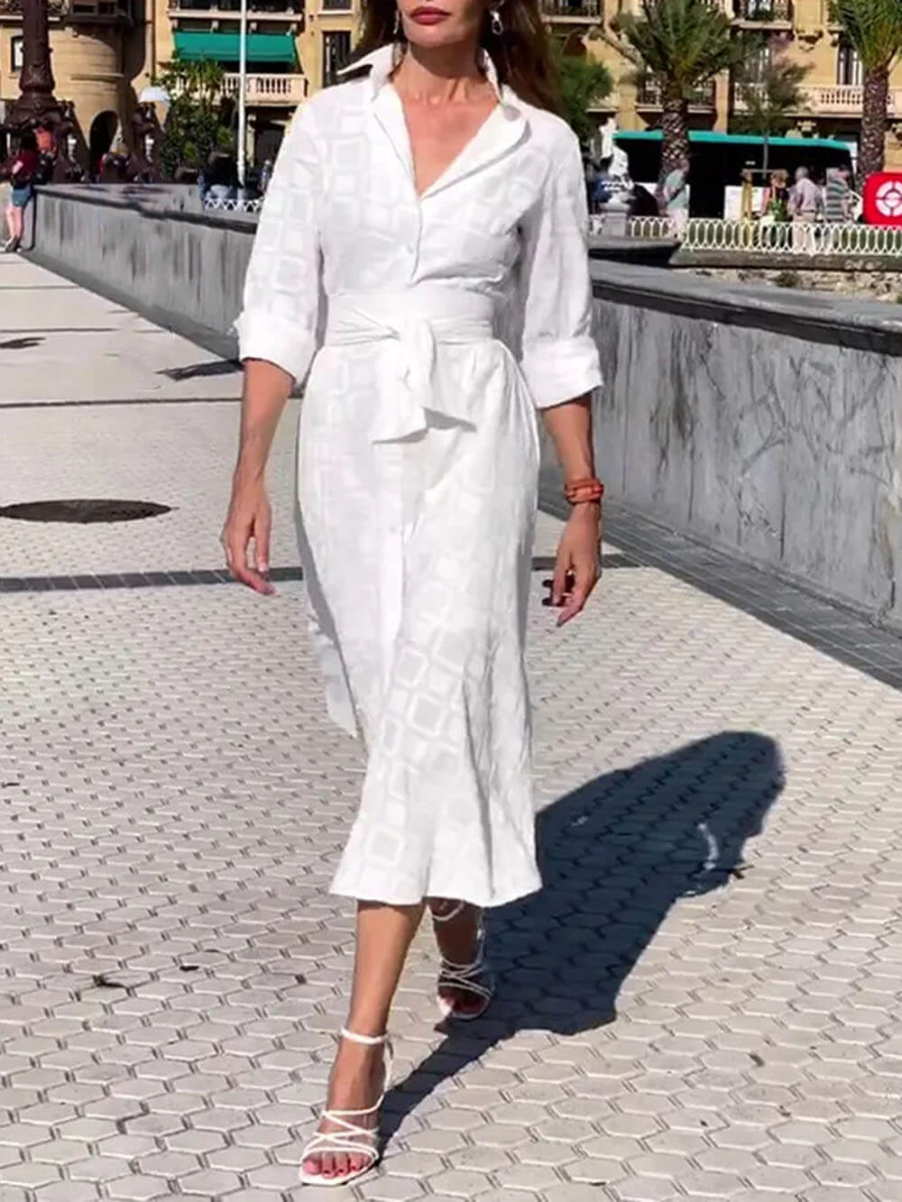 Check Print Belt Button Pocket Long Sleeve Midi Dress - Seldom Seen Styles