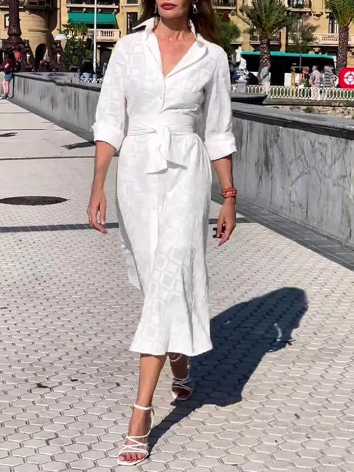 Check Print Belt Button Pocket Long Sleeve Midi Dress - Seldom Seen Styles