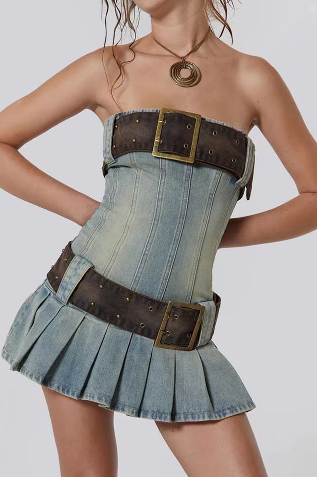 Chelsea Denim Kilt Mini Dress - Seldom Seen Styles
