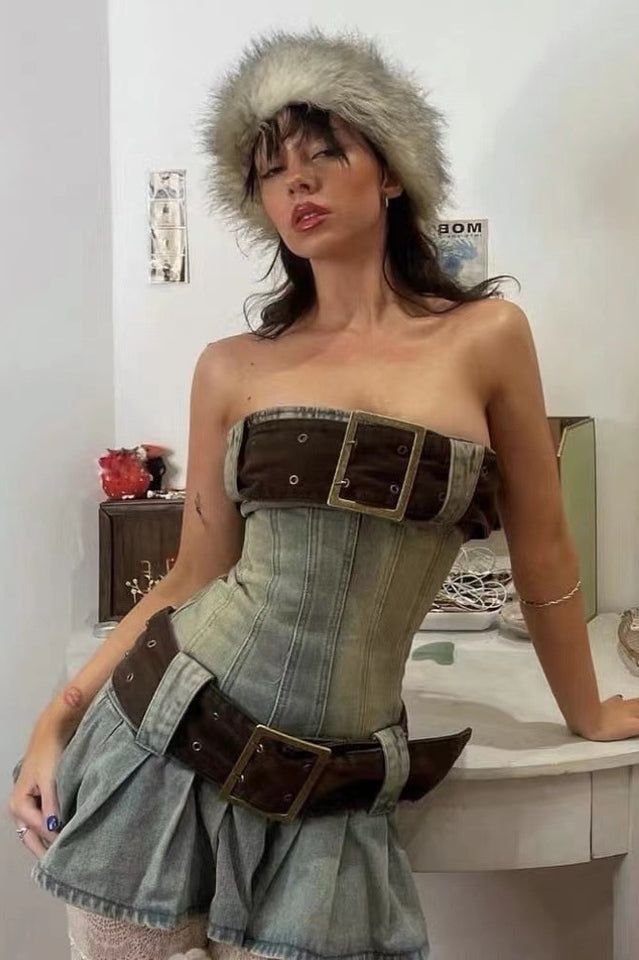 Chelsea Denim Kilt Mini Dress - Seldom Seen Styles