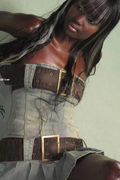 Chelsea Denim Kilt Mini Dress - Seldom Seen Styles