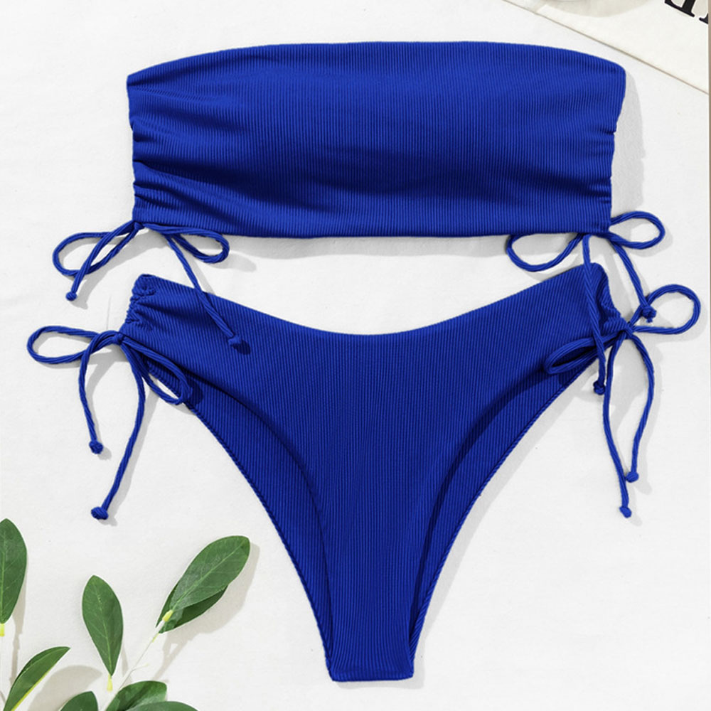 Chic Ribbed High Cut Drawstring Bandeau Brazilian Two Piece Bikini Swimsuit - Seldom Seen Styles