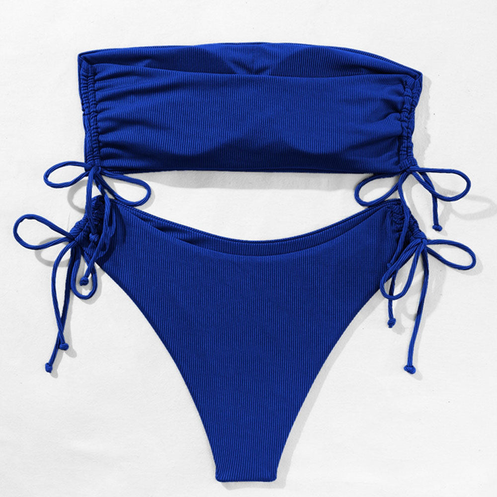 Chic Ribbed High Cut Drawstring Bandeau Brazilian Two Piece Bikini Swimsuit - Seldom Seen Styles