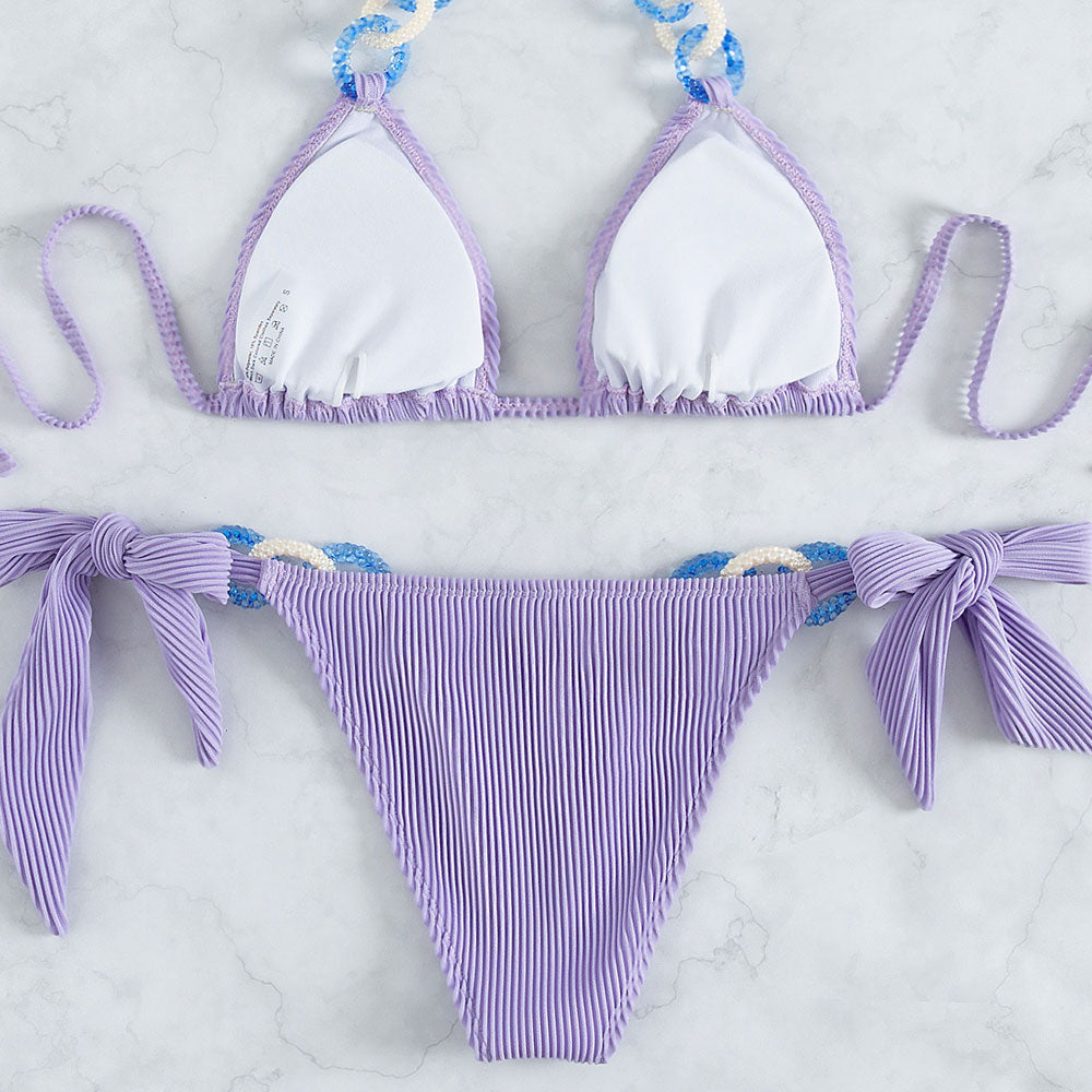 Chic Ribbed O Ring Slide Triangle Brazilian Two Piece Bikini Swimsuit - Seldom Seen Styles