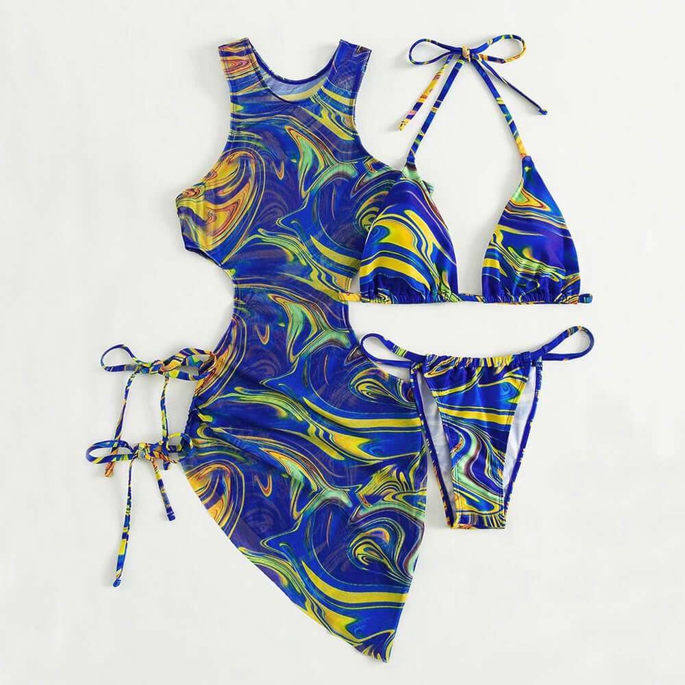 Chic Swirl Print Slide Triangle Brazilian Three Piece Bikini Swimsuit - Seldom Seen Styles