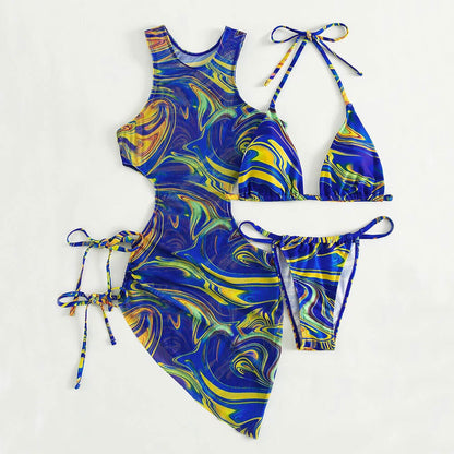 Chic Swirl Print Slide Triangle Brazilian Three Piece Bikini Swimsuit - Seldom Seen Styles
