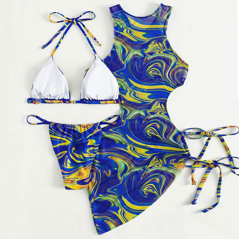 Chic Swirl Print Slide Triangle Brazilian Three Piece Bikini Swimsuit - Seldom Seen Styles