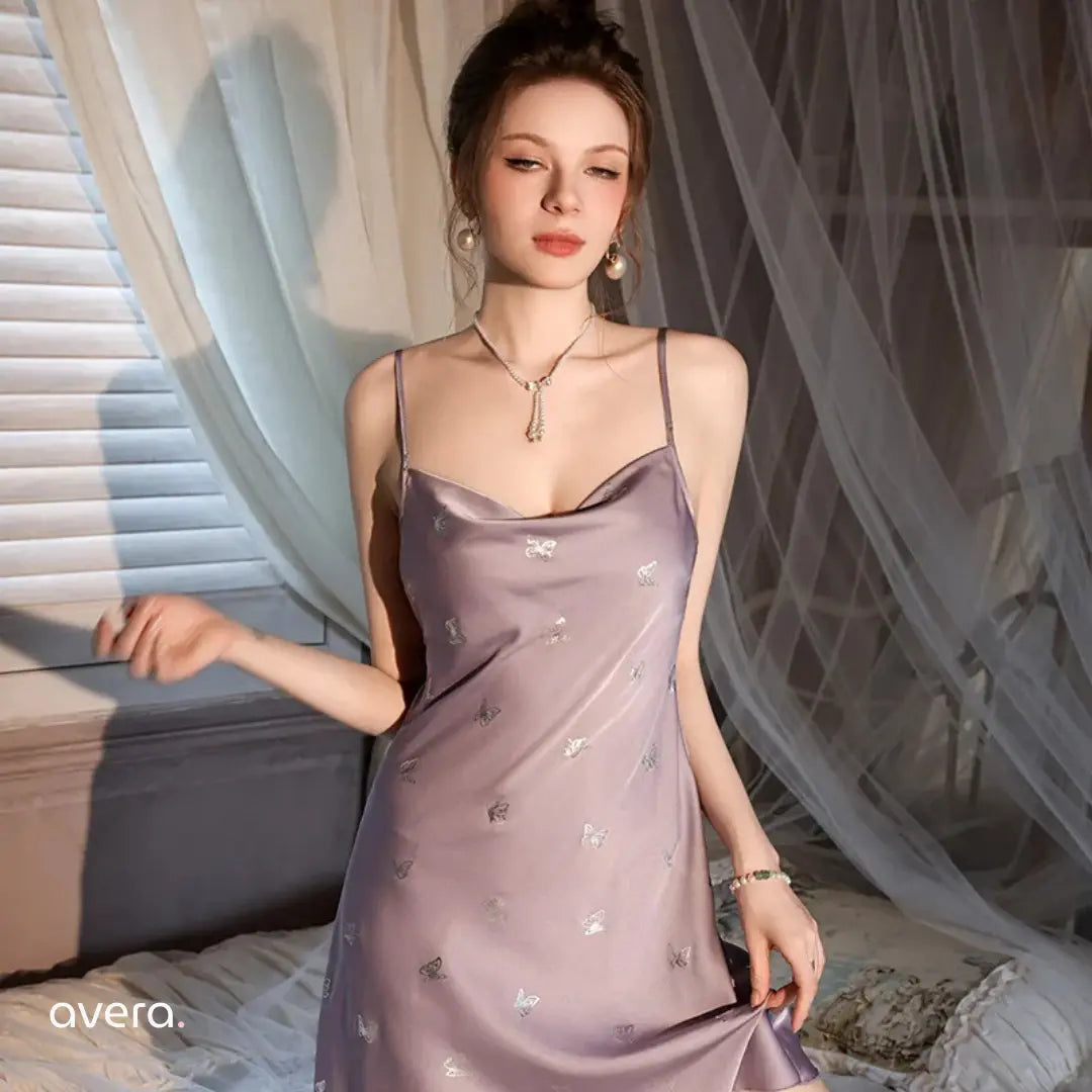 Chic Satin Butterfly Print Nightdress – Luxury Silk-Feel Sleepwear