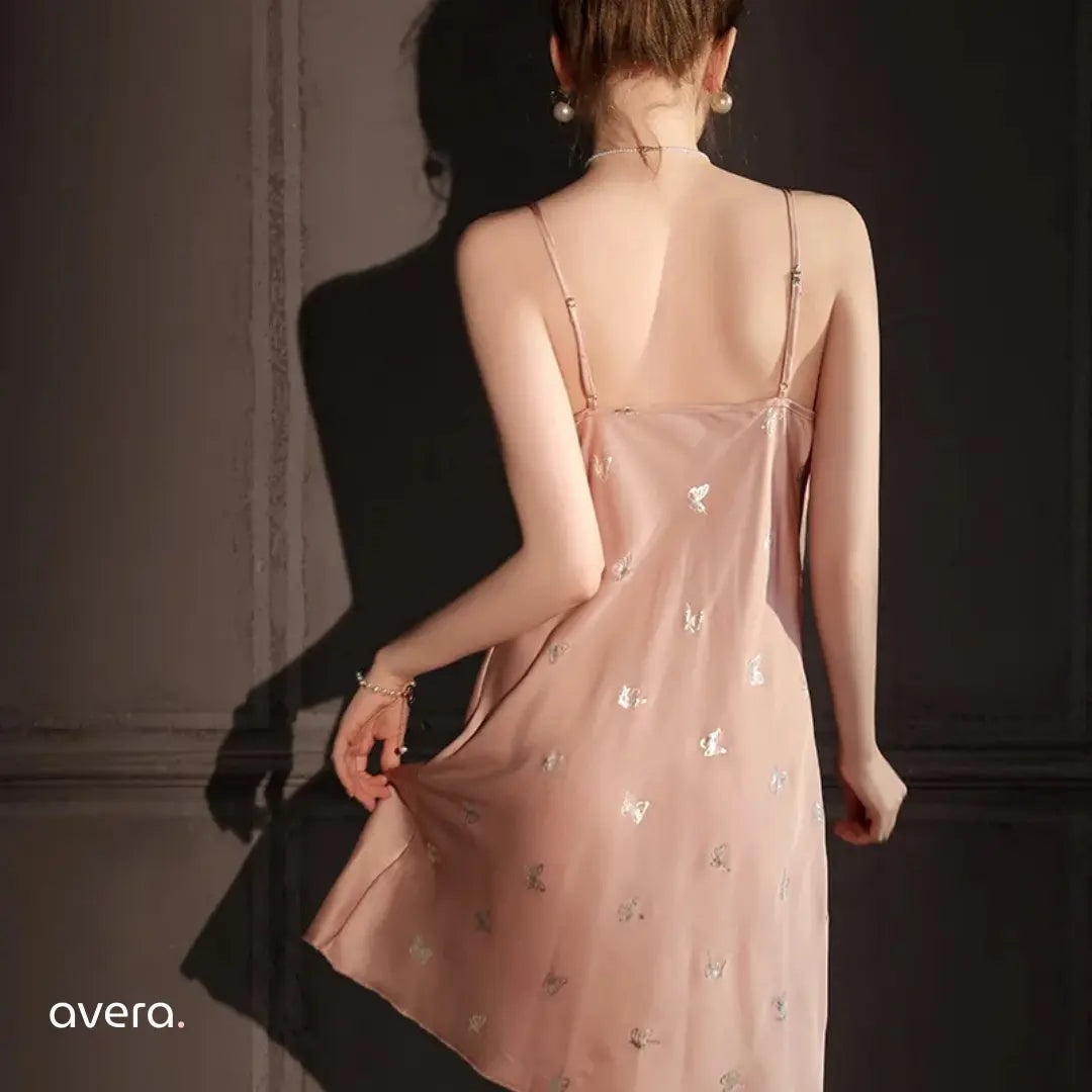 Chic Satin Butterfly Print Nightdress – Luxury Silk-Feel Sleepwear