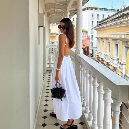 Coastal Cowgirl Open Back Long Dress Summer New Women's Fashion  Style Camisole V Solid Color Versatile Backless Dress