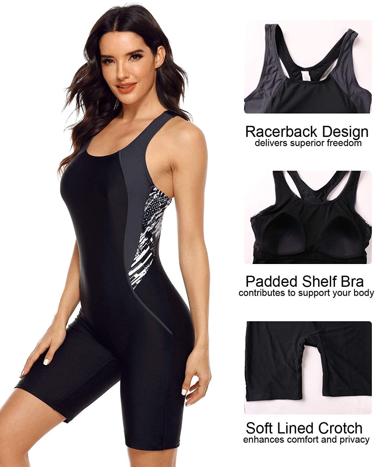 Color Block Sports One-Piece Swimsuit for Women with Built-in Bra, Boxer Briefs, Conservative Vacation Swimwear, Quick-Dry - Seldom Seen Styles