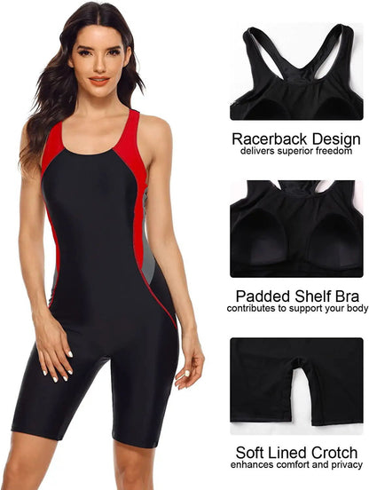 Color Block Sports One-Piece Swimsuit for Women with Built-in Bra, Boxer Briefs, Conservative Vacation Swimwear, Quick-Dry - Seldom Seen Styles