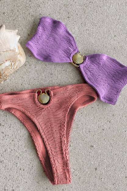 Colorblock Bandeau Crinkle High Rise Bikini Set With Gold Shell Detail - Lilac & Salmon - Seldom Seen Styles