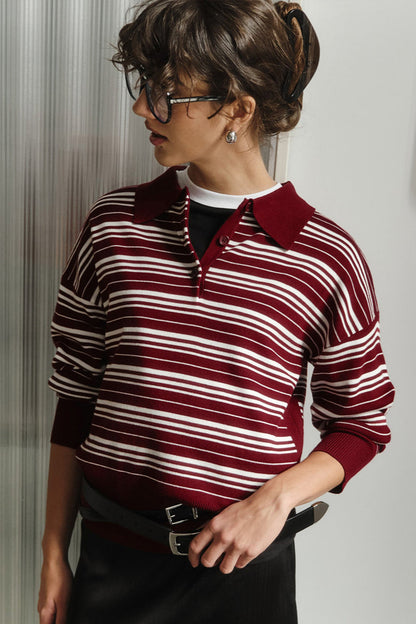 Colorblock Striped Polo Women Fall V Neck Color Block Long Sleeve Shirt Casual Loose Striped Pullover Sweaters - Seldom Seen Styles