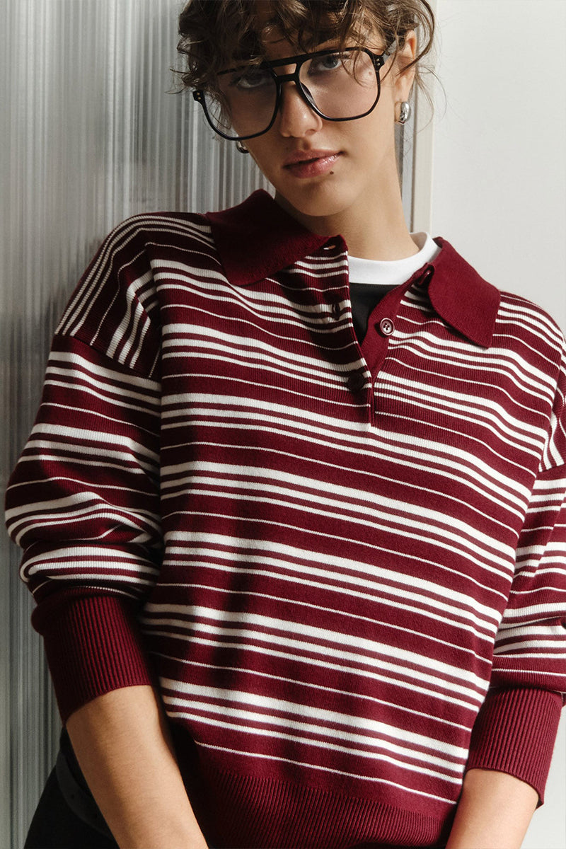 Colorblock Striped Polo Women Fall V Neck Color Block Long Sleeve Shirt Casual Loose Striped Pullover Sweaters - Seldom Seen Styles