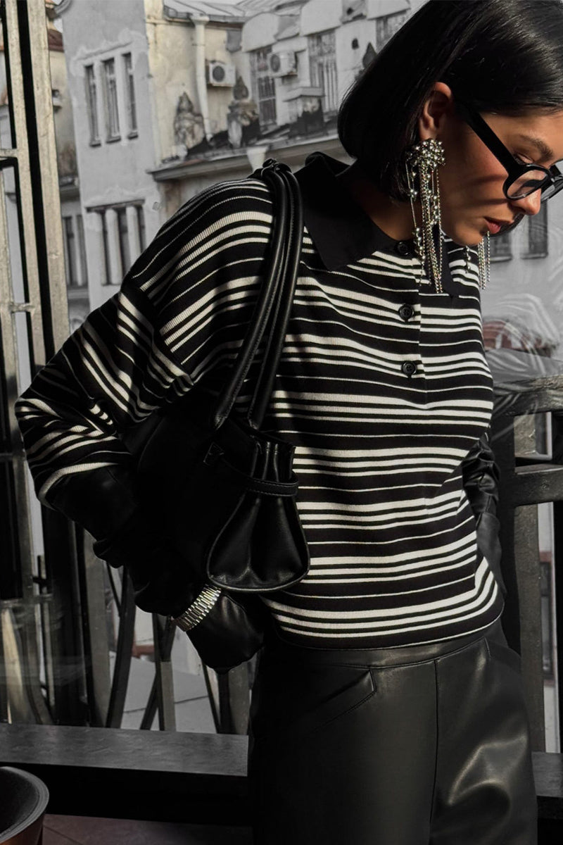 Colorblock Striped Polo Women Fall V Neck Color Block Long Sleeve Shirt Casual Loose Striped Pullover Sweaters - Seldom Seen Styles