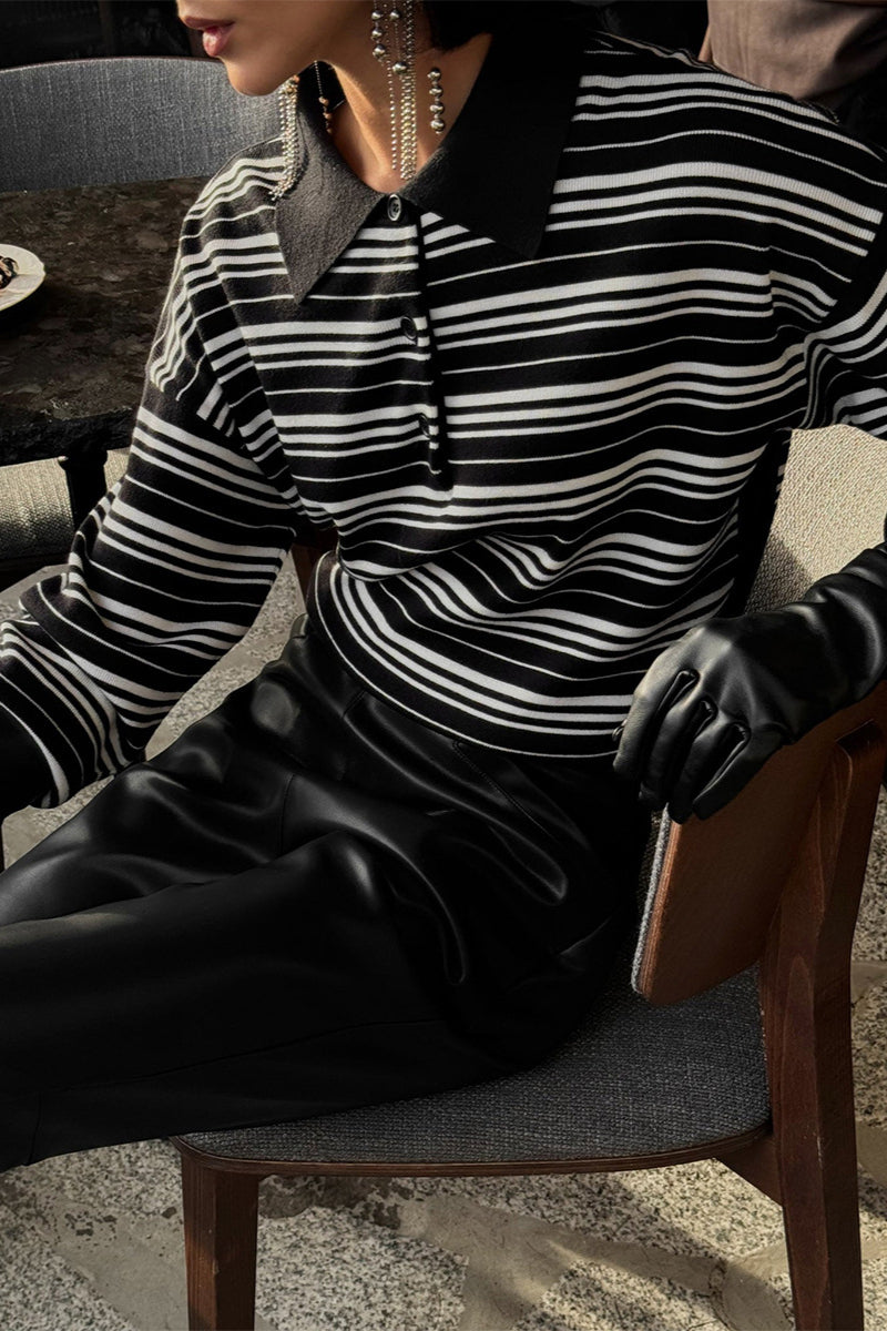 Colorblock Striped Polo Women Fall V Neck Color Block Long Sleeve Shirt Casual Loose Striped Pullover Sweaters - Seldom Seen Styles