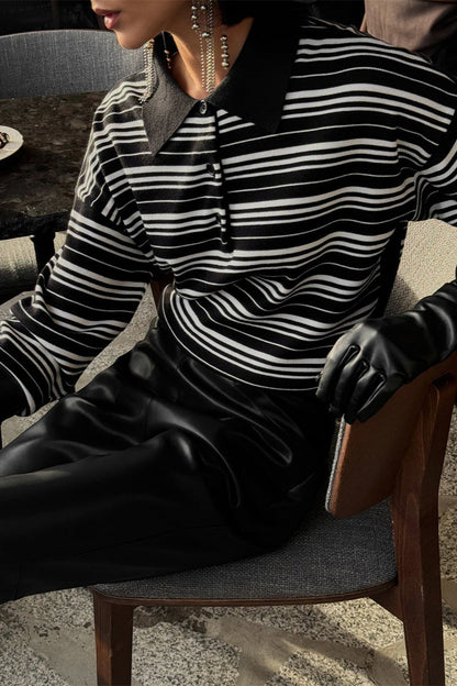 Colorblock Striped Polo Women Fall V Neck Color Block Long Sleeve Shirt Casual Loose Striped Pullover Sweaters - Seldom Seen Styles