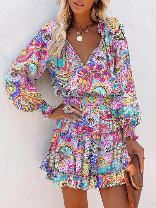 Contrast Color Flower Print Pleated Split-Joint Tied A-Line Long Sleeves V-Neck Mini Dresses - Seldom Seen Styles