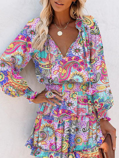 Contrast Color Flower Print Pleated Split-Joint Tied A-Line Long Sleeves V-Neck Mini Dresses - Seldom Seen Styles