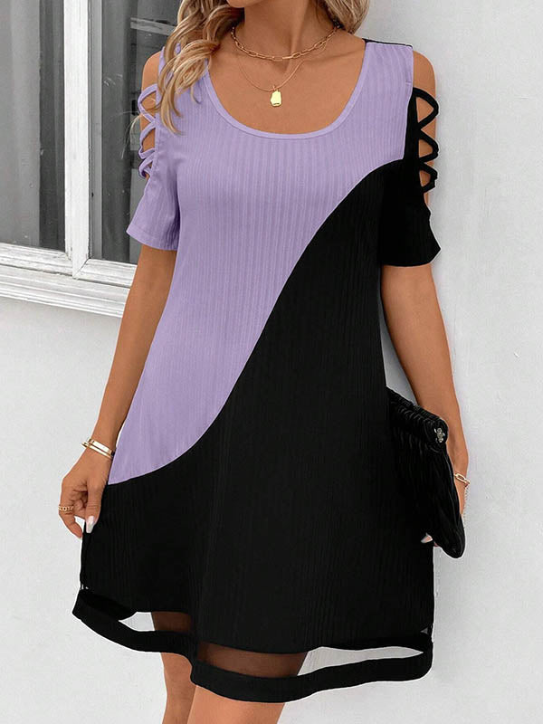 Contrast Color Hollow Mesh Split-Joint A-Line Loose Cold Shoulder Mini Dresses - Seldom Seen Styles