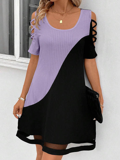 Contrast Color Hollow Mesh Split-Joint A-Line Loose Cold Shoulder Mini Dresses - Seldom Seen Styles