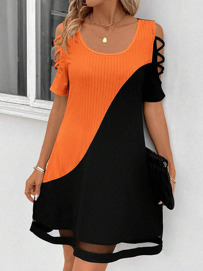 Contrast Color Hollow Mesh Split-Joint A-Line Loose Cold Shoulder Mini Dresses - Seldom Seen Styles