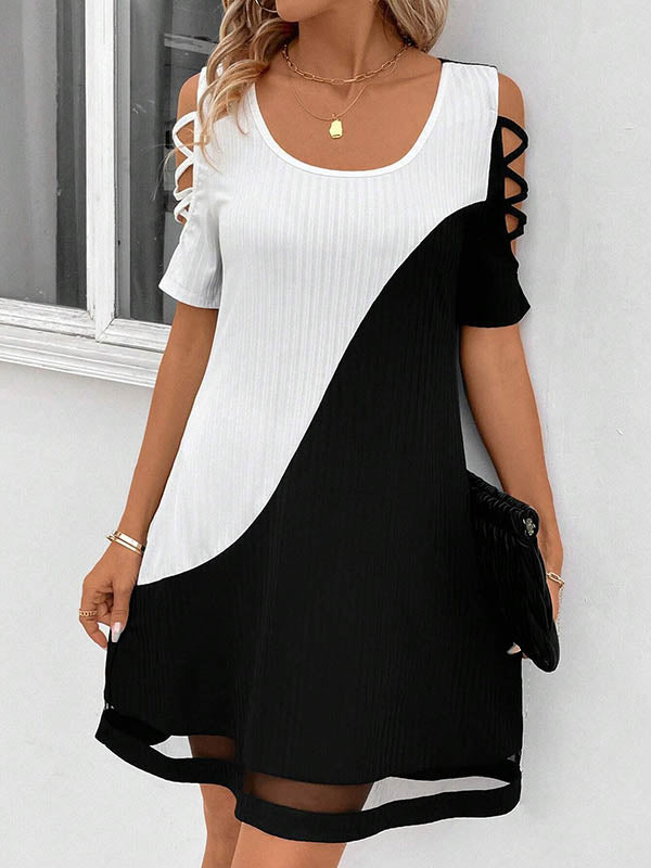 Contrast Color Hollow Mesh Split-Joint A-Line Loose Cold Shoulder Mini Dresses - Seldom Seen Styles