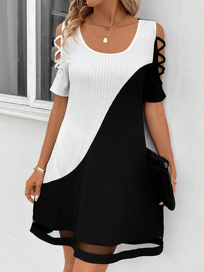 Contrast Color Hollow Mesh Split-Joint A-Line Loose Cold Shoulder Mini Dresses - Seldom Seen Styles