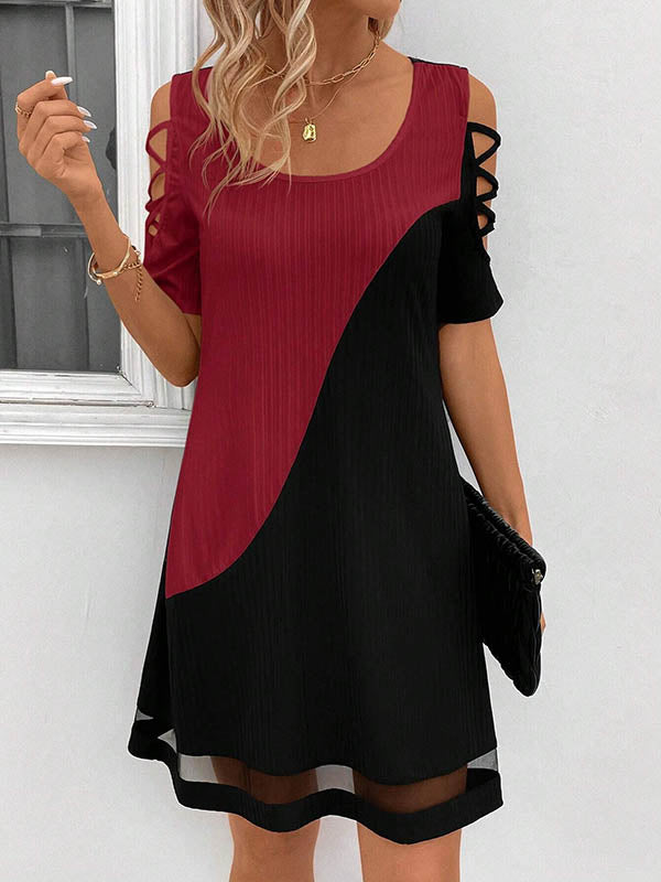 Contrast Color Hollow Mesh Split-Joint A-Line Loose Cold Shoulder Mini Dresses - Seldom Seen Styles
