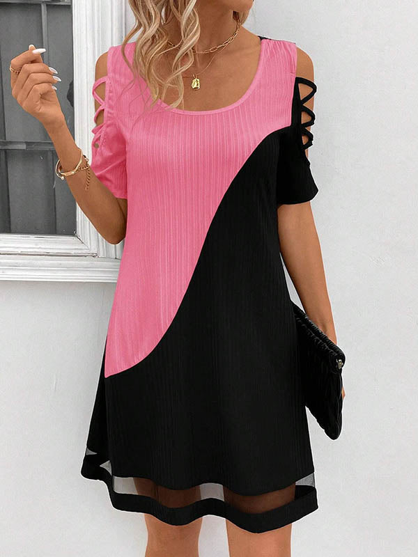 Contrast Color Hollow Mesh Split-Joint A-Line Loose Cold Shoulder Mini Dresses - Seldom Seen Styles