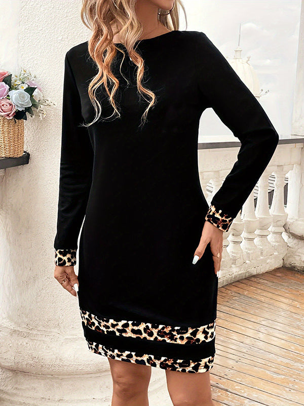 Contrast Color Leopard Bodycon Long Sleeves Round-Neck Mini Dresses - Seldom Seen Styles